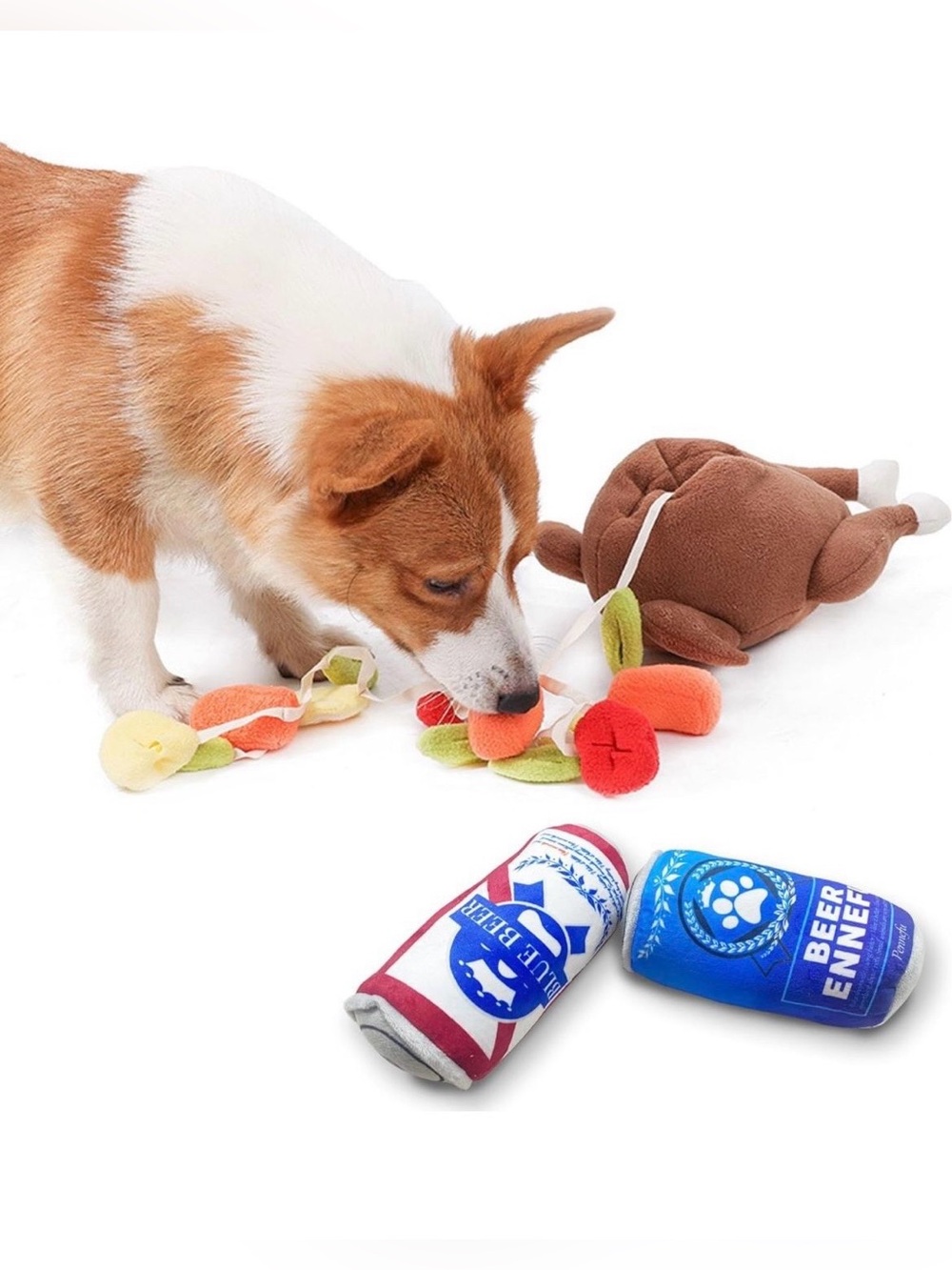 Fenice• Dog Toys Turkey&Beer 3-Pack Set, Durable Squeaky Plush Dog Toys, Interac